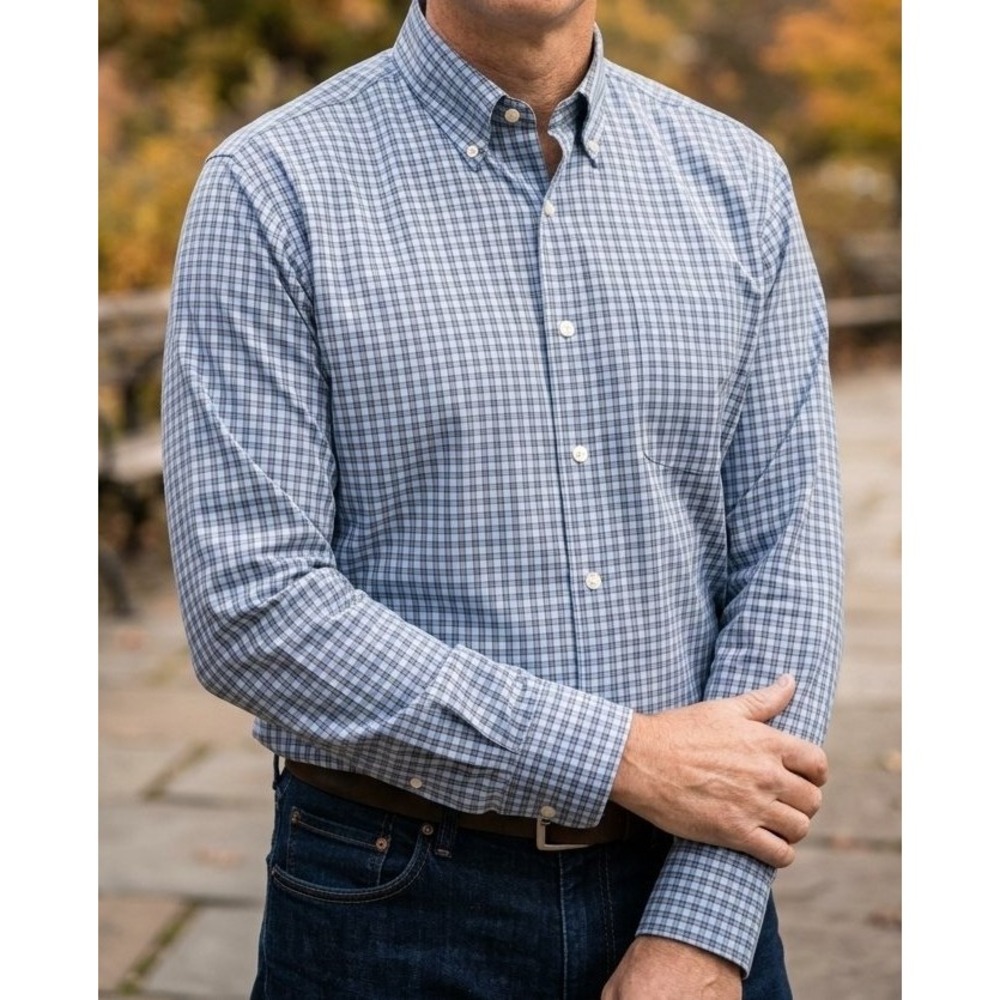 Peter Millar Crown Soft Francis Button Down Shirt Blue Brown Plaid Men's L